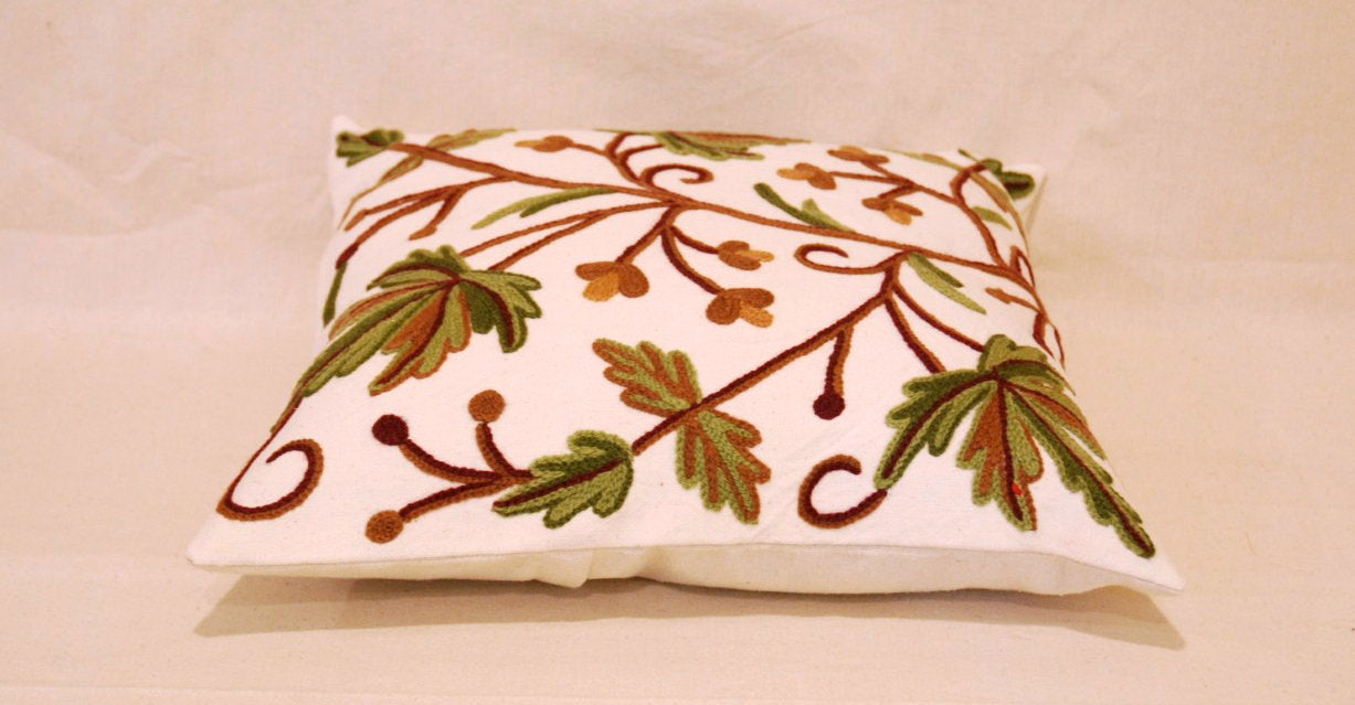 Decorative Crewel Throw Pillow Cushion Cover "Autumn Maple", Multicolor #CW302