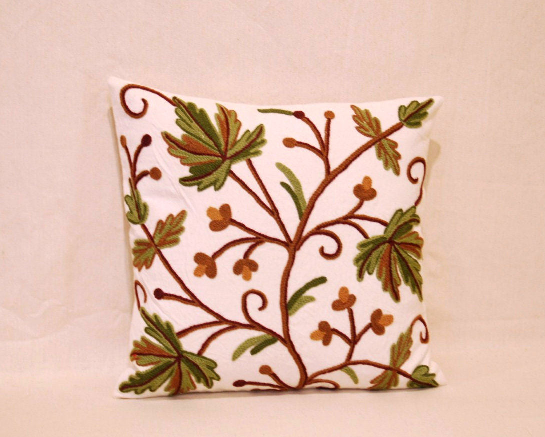 Crewel Wool on Cotton Throw Pillow Cushion Cover "Autumn Maple", Multicolor #CW302