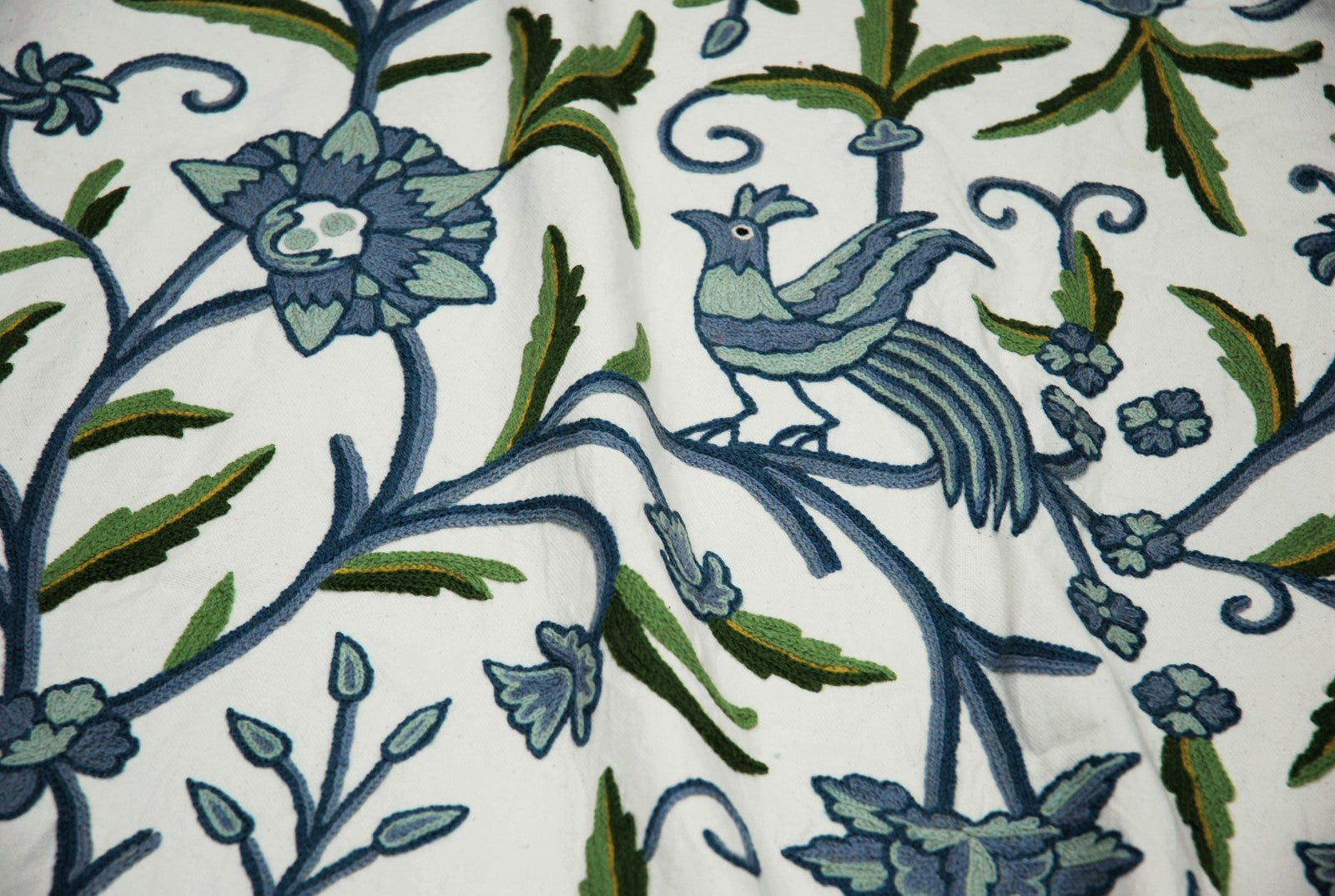 Cotton Crewel Embroidered Fabric "Tree of Life Birds", Blue and Green #BRD112