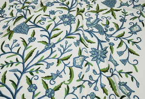 Cotton Crewel Embroidered Fabric "Tree of Life Birds", Blue and Green #BRD112