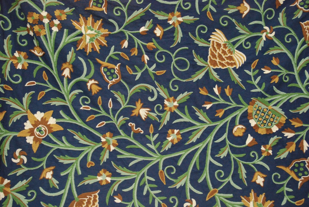 Multicolor on Navy, "Tree of Life" Cotton Crewel Embroidery Fabric #DDR102