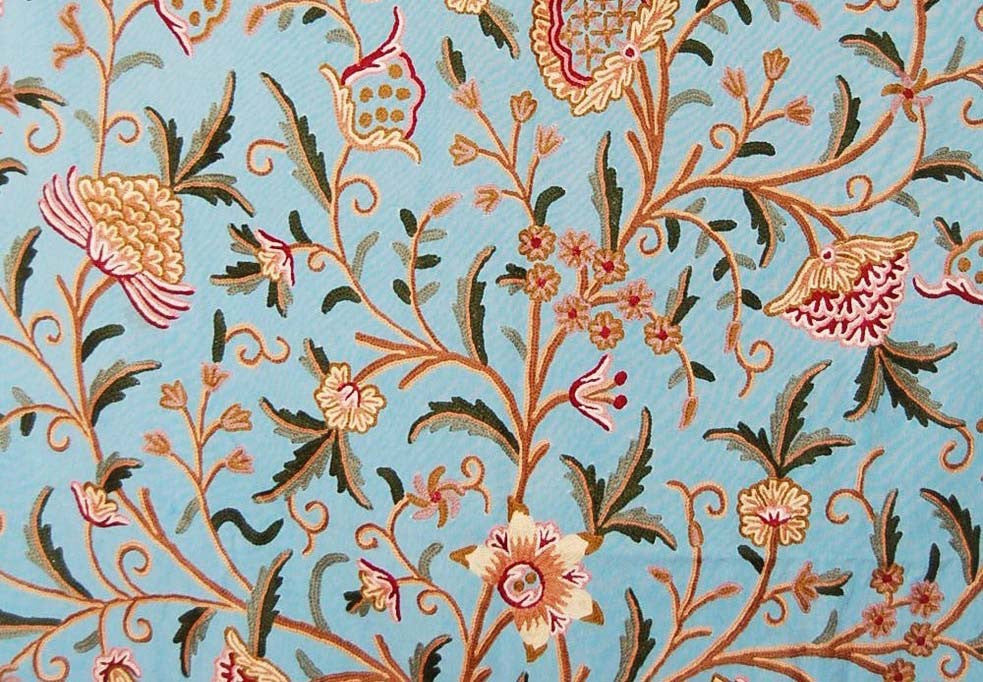 Cotton Crewel Embroidered Fabric Tree of Life Sky Blue, Multicolor #DDR201