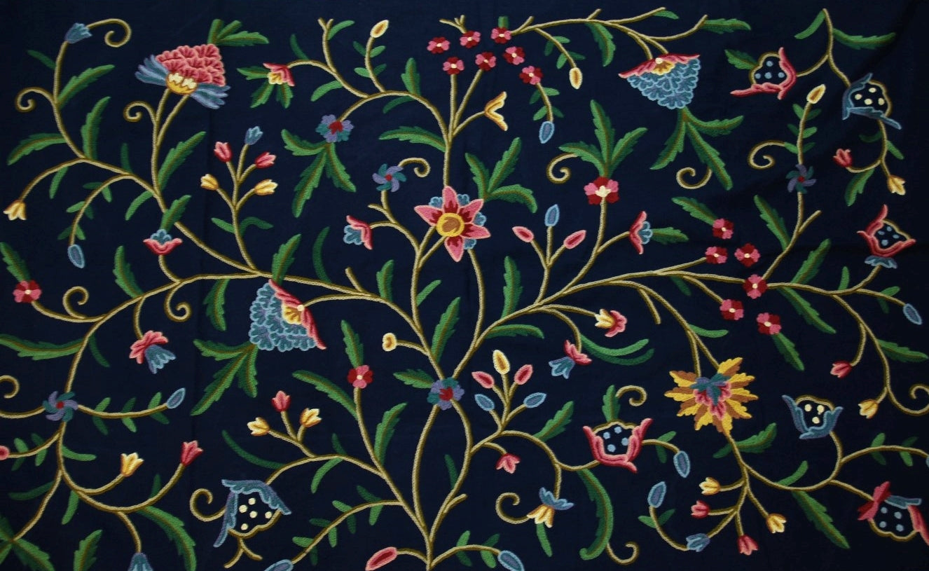 Multicolor on Navy, "Tree of Life" Cotton Crewel Embroidery Fabric #DDR203