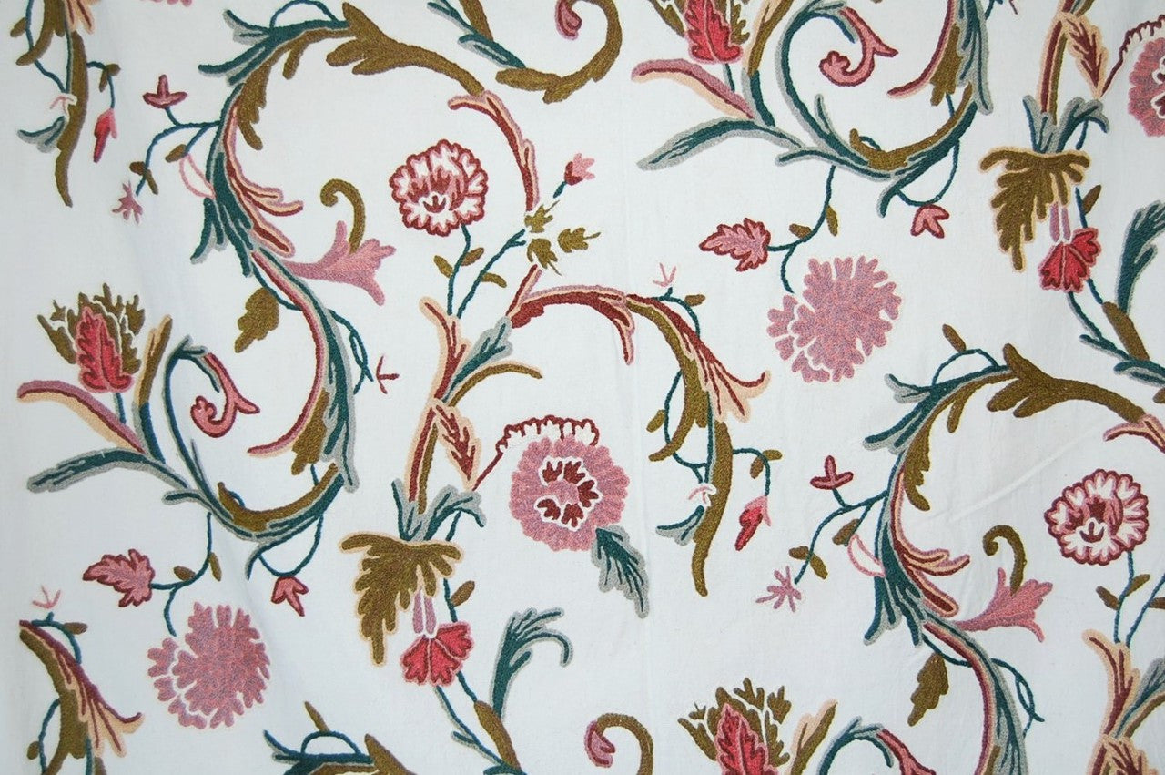 Cotton Crewel Embroidered Fabric, Multicolor Pastels #FLR006