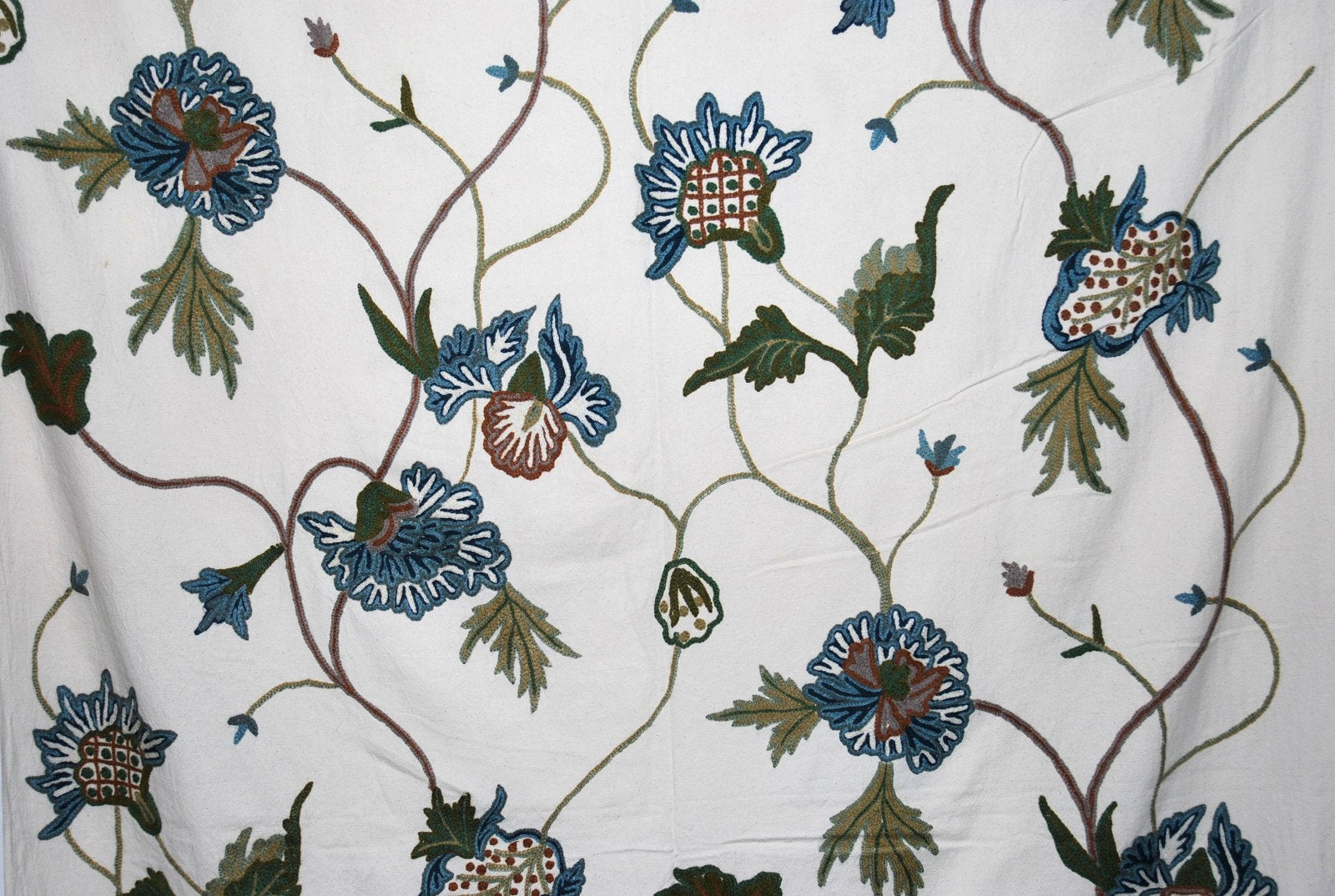 Cotton Crewel Embroidered Fabric, Blue and Green #FLR008