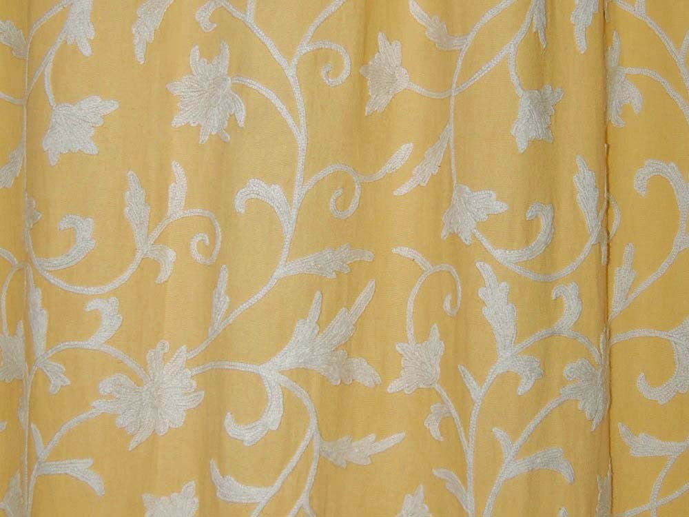 Cotton Crewel Embroidered Fabric, White on Beige #FLR021