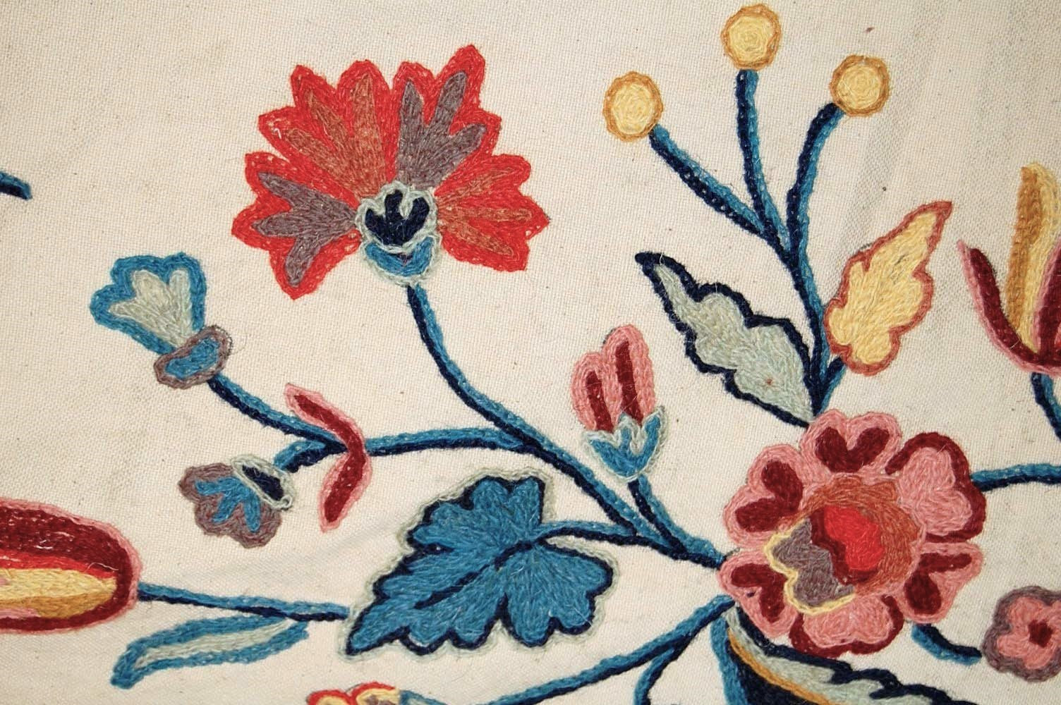 Cotton Crewel Embroidered Fabric Beige, Multicolor #FLR302
