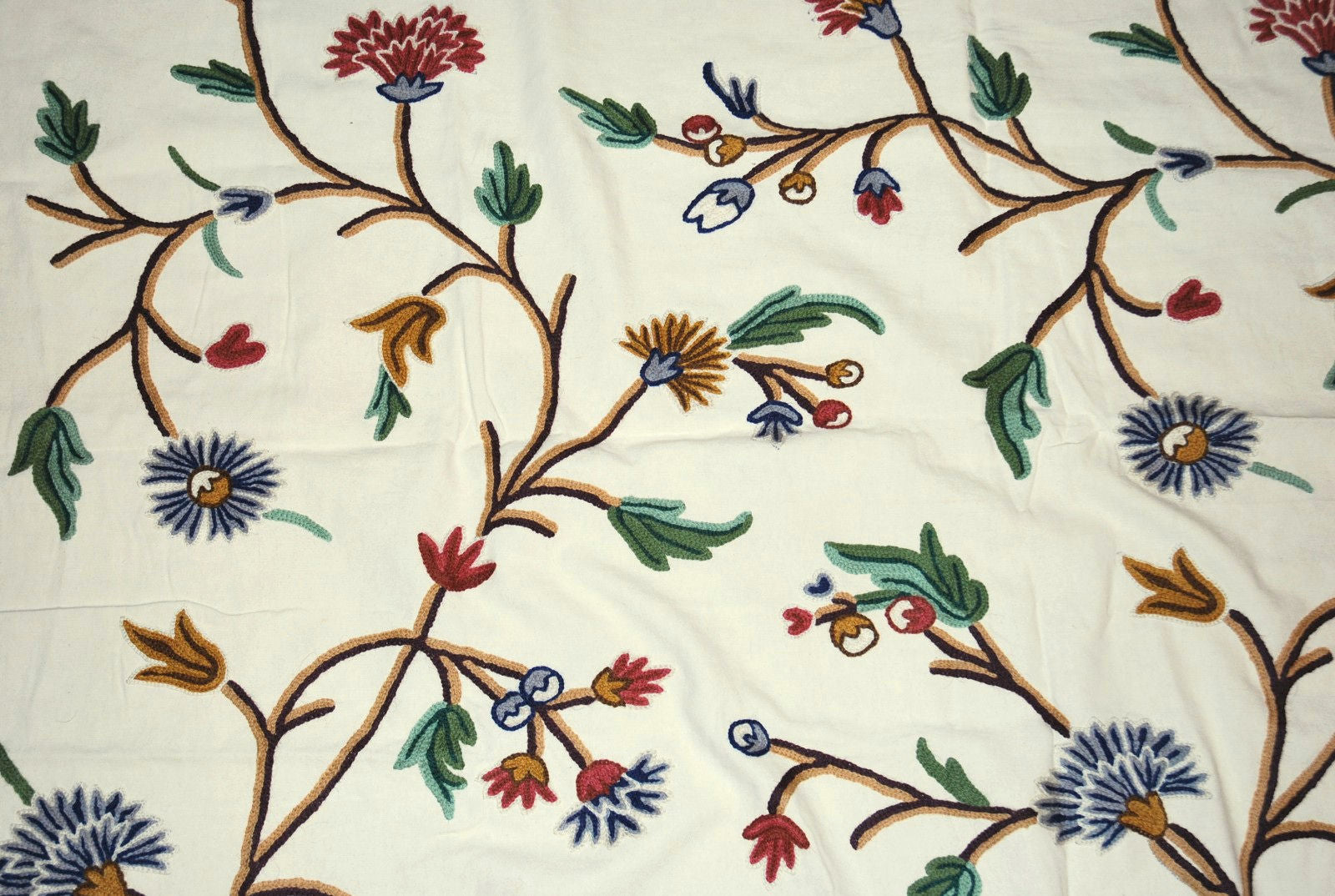 Cotton Crewel Embroidered Fabric Cream, Multicolor #FLR312