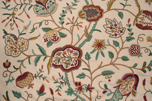 Cotton Crewel Embroidered Fabric "Watlab" Beige, Multicolor #FLR328