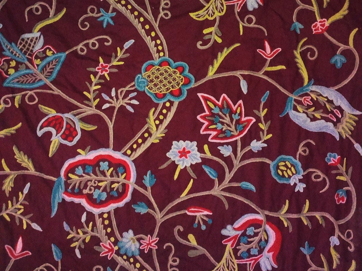 Multicolor on Maroon, "Watlab" Cotton Crewel Embroidery Fabric #FLR407