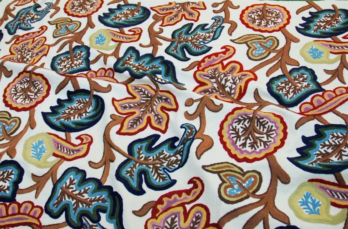 Cotton Crewel Embroidered Fabric, Multicolor #JHL002