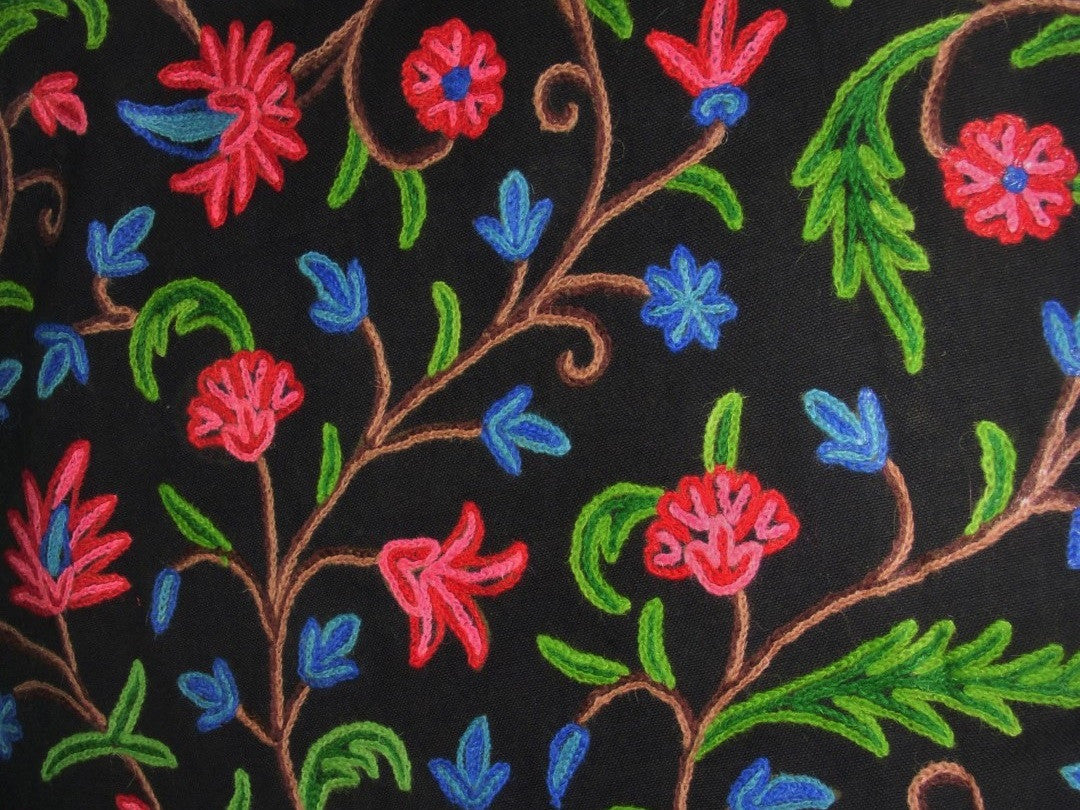 Multicolor on Black, "Jacobean" Cotton Crewel Embroidery Fabric #SNL201
