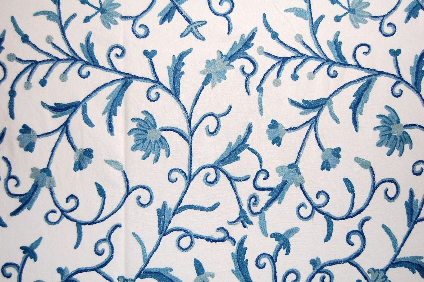 Cotton Crewel Embroidered Fabric Jacobean, Blue on White #TML011
