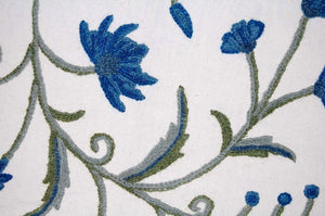 Cotton Crewel Embroidered Fabric Jacobean, Blue and Green #TML012