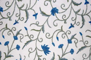 Cotton Crewel Embroidered Fabric Jacobean, Blue and Green #TML012