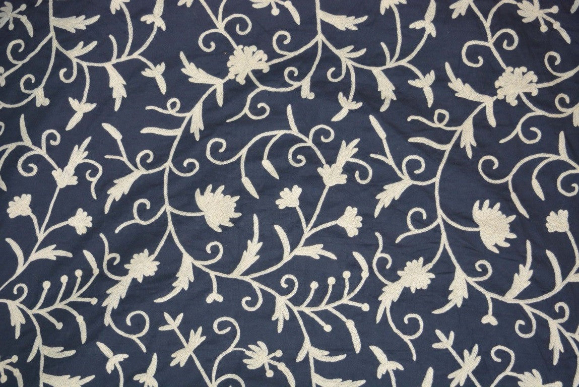 Cotton Crewel Embroidered Fabric Jacobean, White on Navy #TML111