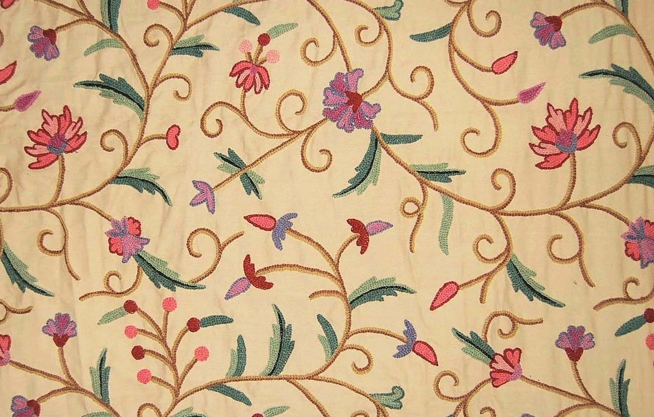 Cotton Crewel Embroidered Fabric Jacobean Beige, Multicolor #TML201