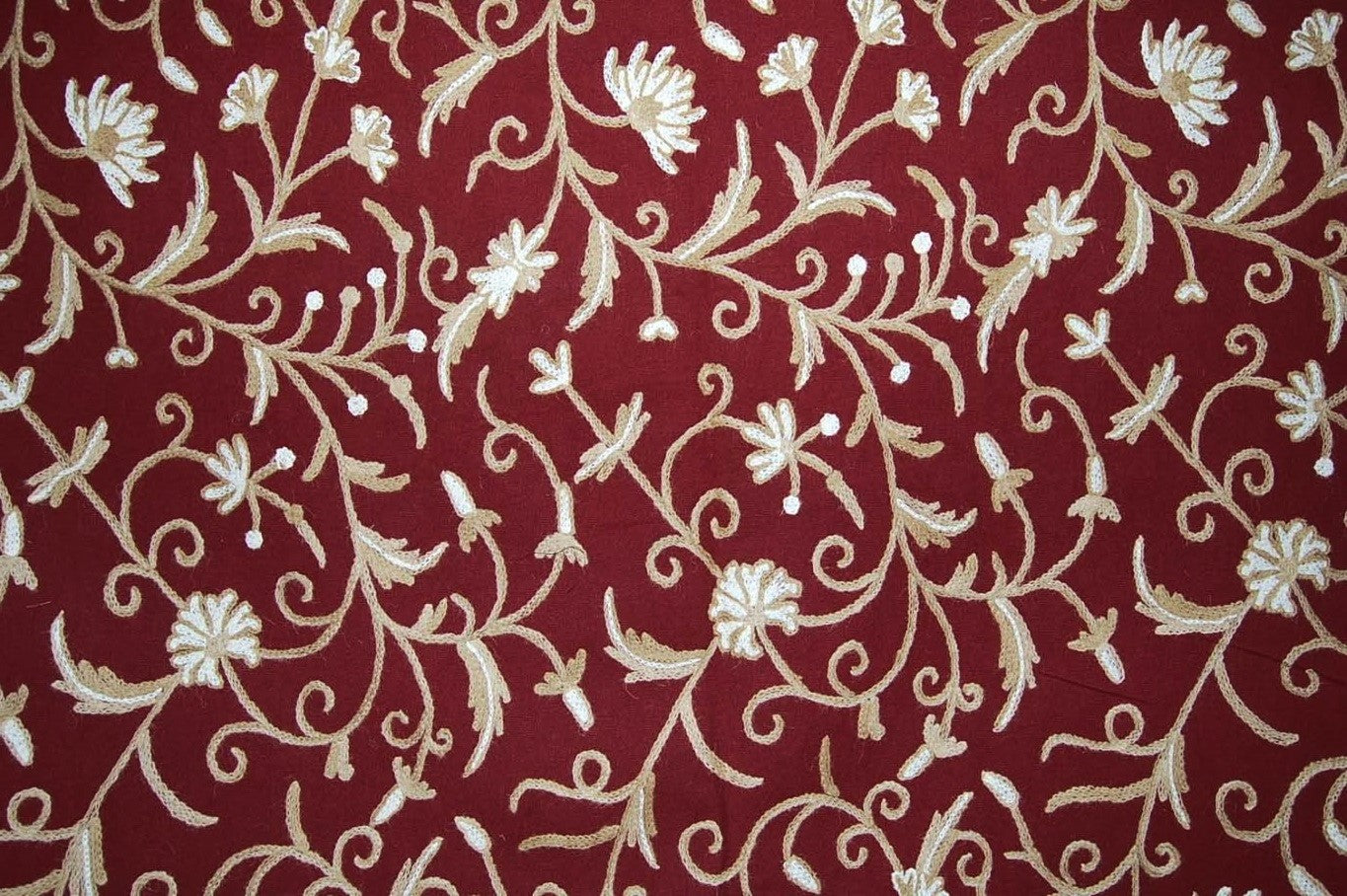 Beige and White on Maroon, "Jacobean" Cotton Crewel Fabric #TML202