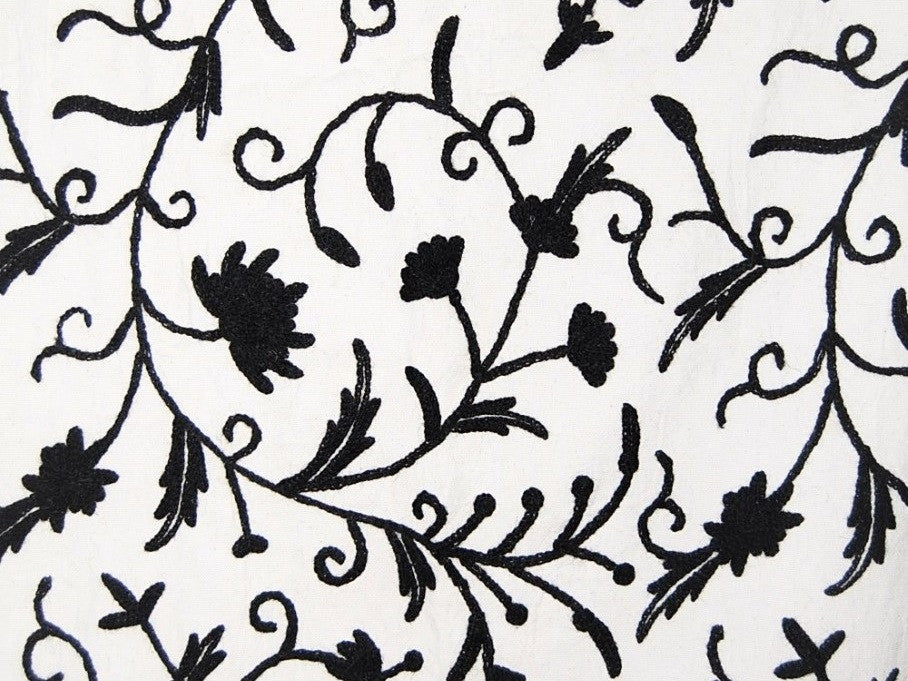 Cotton Crewel Embroidered Fabric Jacobean, Black on White #TML501