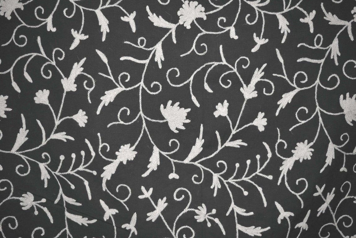 Cotton Crewel Embroidered Fabric Jacobean, White on Black #TML503