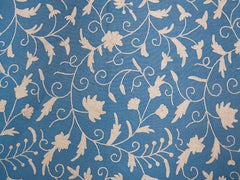 Cotton Crewel Embroidered Fabric Jacobean, White on Sky Blue #TML510