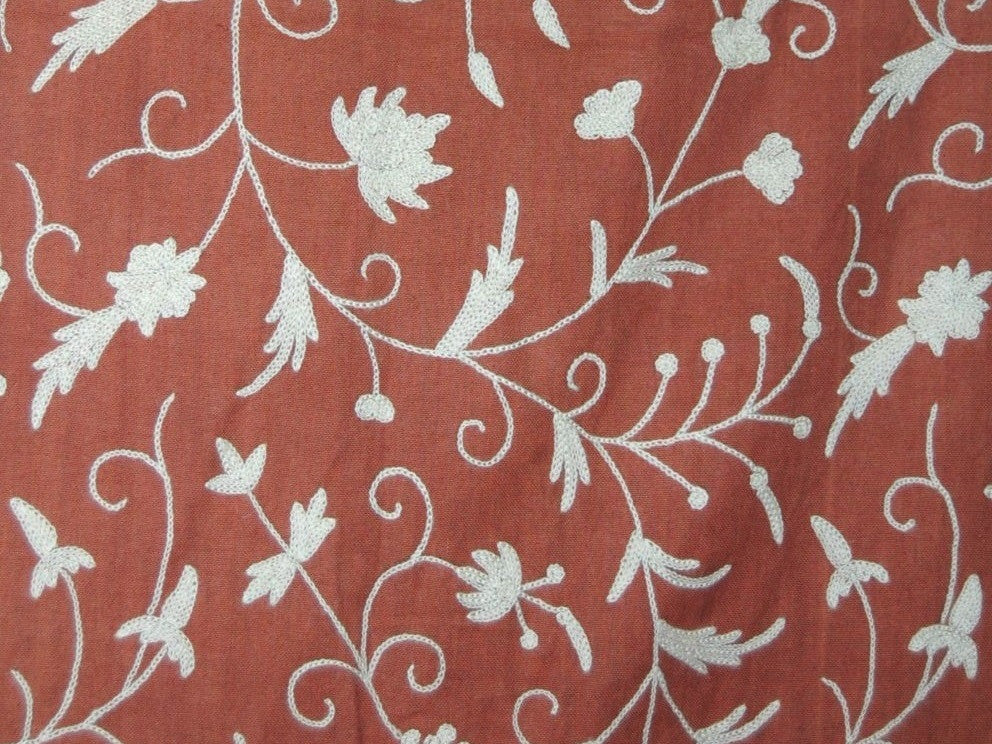 Cotton Crewel Embroidered Fabric Jacobean, White on Taupe #TML511