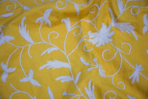 White on Mustard, "Jacobean" Cotton Crewel Embroidery Fabric #TML512