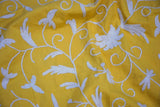 Cotton Crewel Embroidered Fabric Jacobean, White on Mustard #TML512