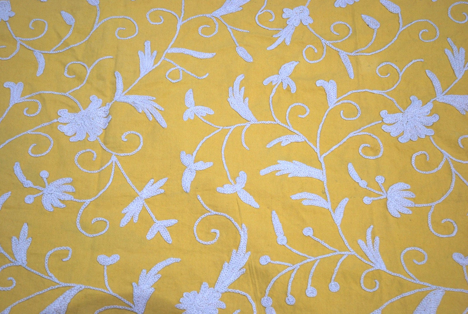 Cotton Crewel Embroidered Fabric Jacobean, White on Mustard #TML512