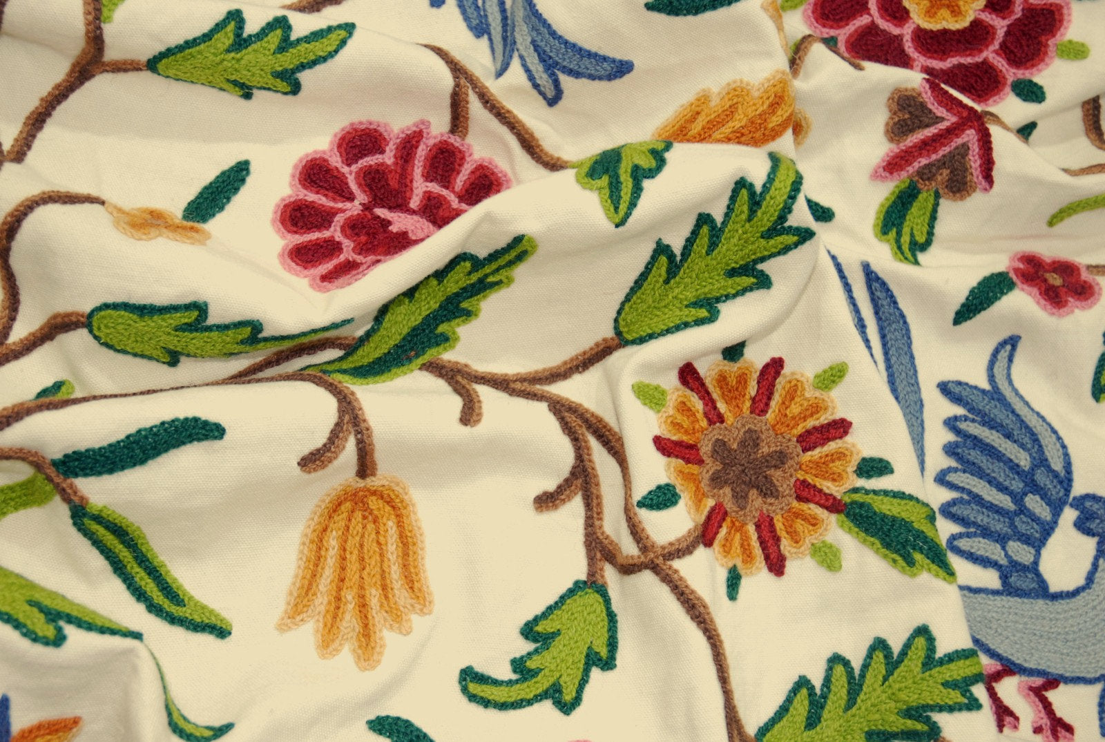 Cotton Crewel Embroidered Fabric "Birds" Cream, Multicolor #BRD333
