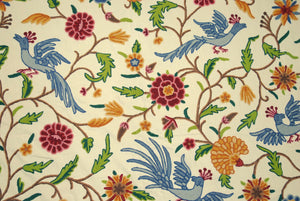 Multicolor on Cream, "Birds" Cotton Crewel Embroidery Fabric #BRD333