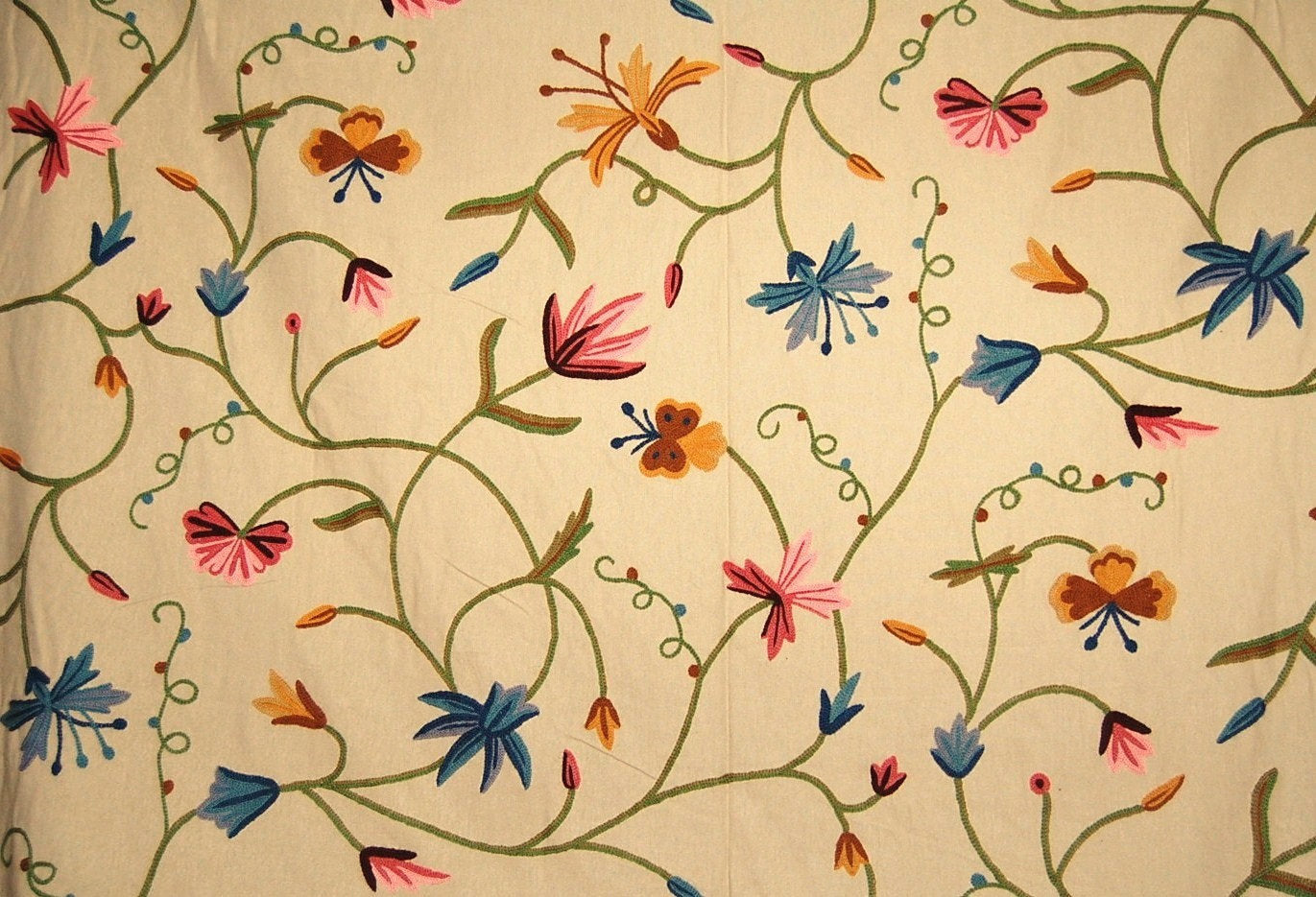 Multicolor on Beige, Butterfly Cotton Crewel Embroidery Fabric #BFL501