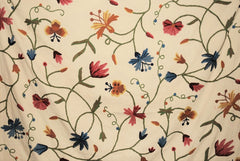 Cotton Crewel Embroidered Fabric Butterfly Cream, Multicolor #BFL502