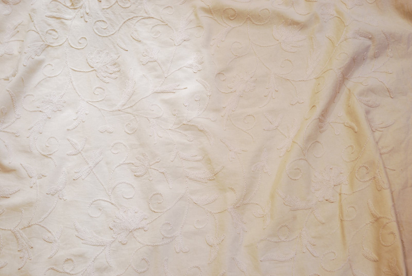 Cotton Crewel Embroidered Fabric Jacobean, Cream on Cream #TML522