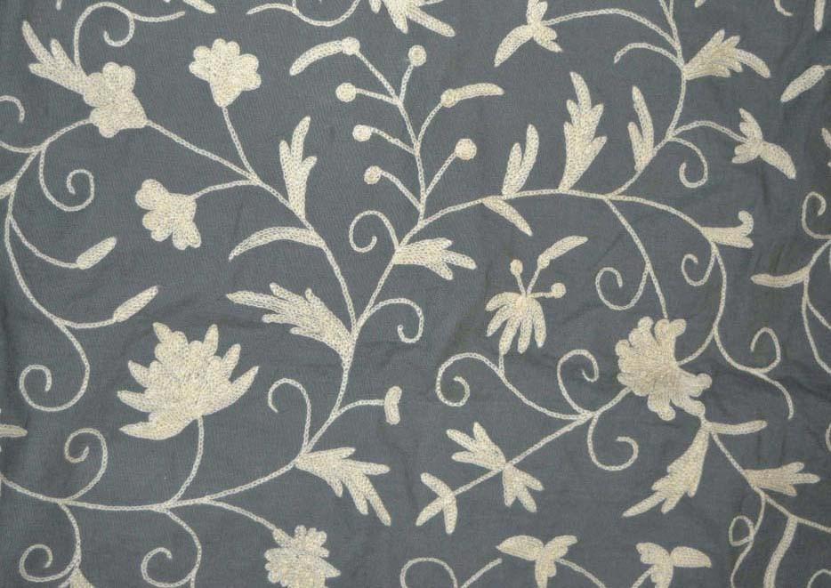 Cotton Crewel Embroidered Fabric Jacobean, White on Grey #TML402