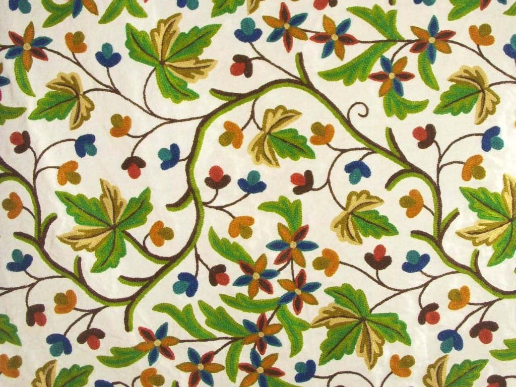 Cotton Crewel Embroidered Fabric "Maple", Multicolor #CHR301