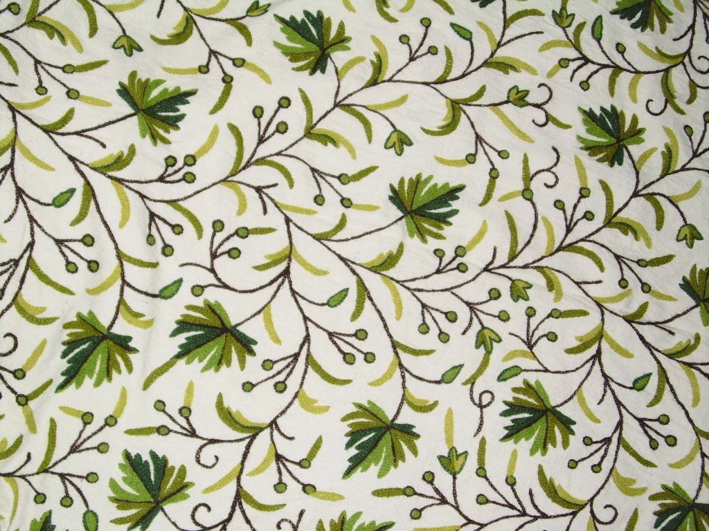 Green on White, "Maple" Cotton Crewel Embroidery Fabric #CHR011