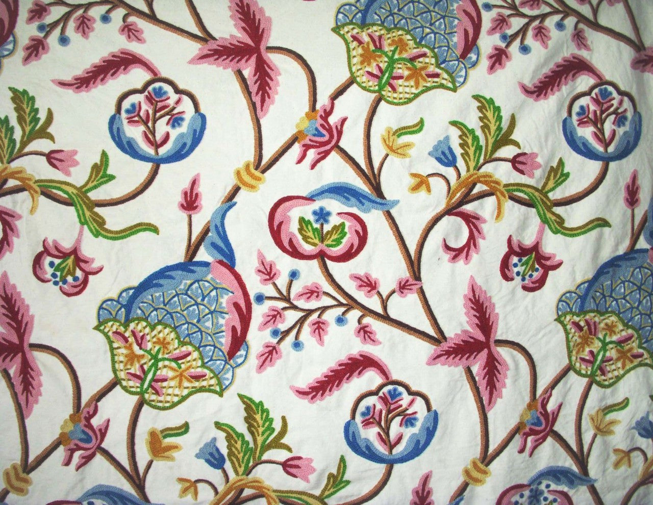 Pink and Blue Floral Cotton Crewel Embroidery Fabric #FLR205