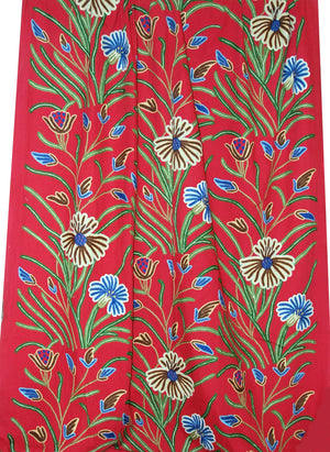 Cotton Crewel Embroidered Fabric Floral Red, Multicolor #FLR101