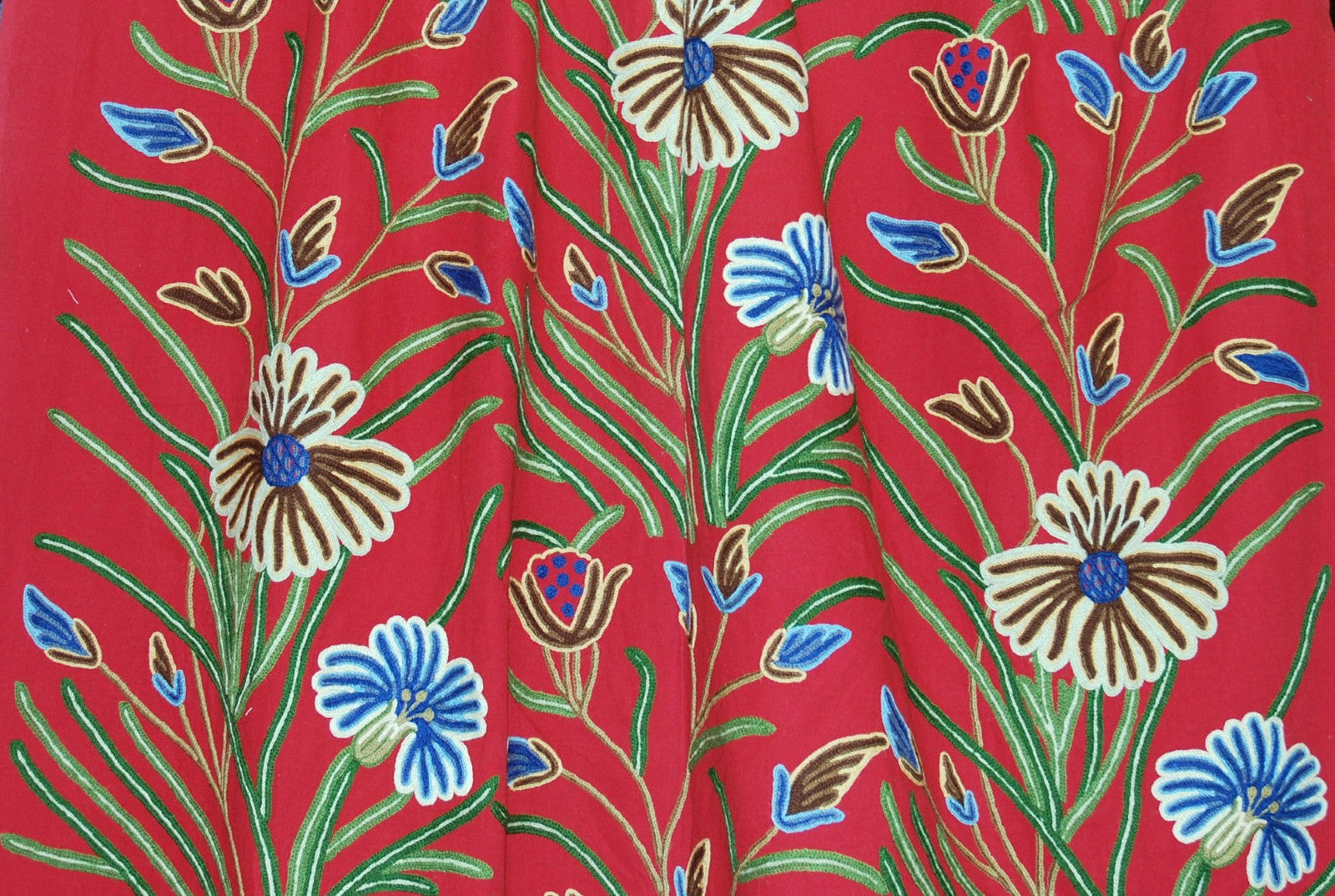Cotton Crewel Embroidered Fabric Floral Red, Multicolor #FLR101