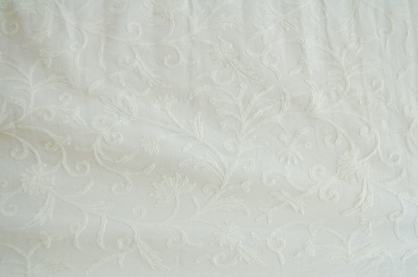 Cotton Crewel Embroidered Fabric Jacobean, White on White #TML502