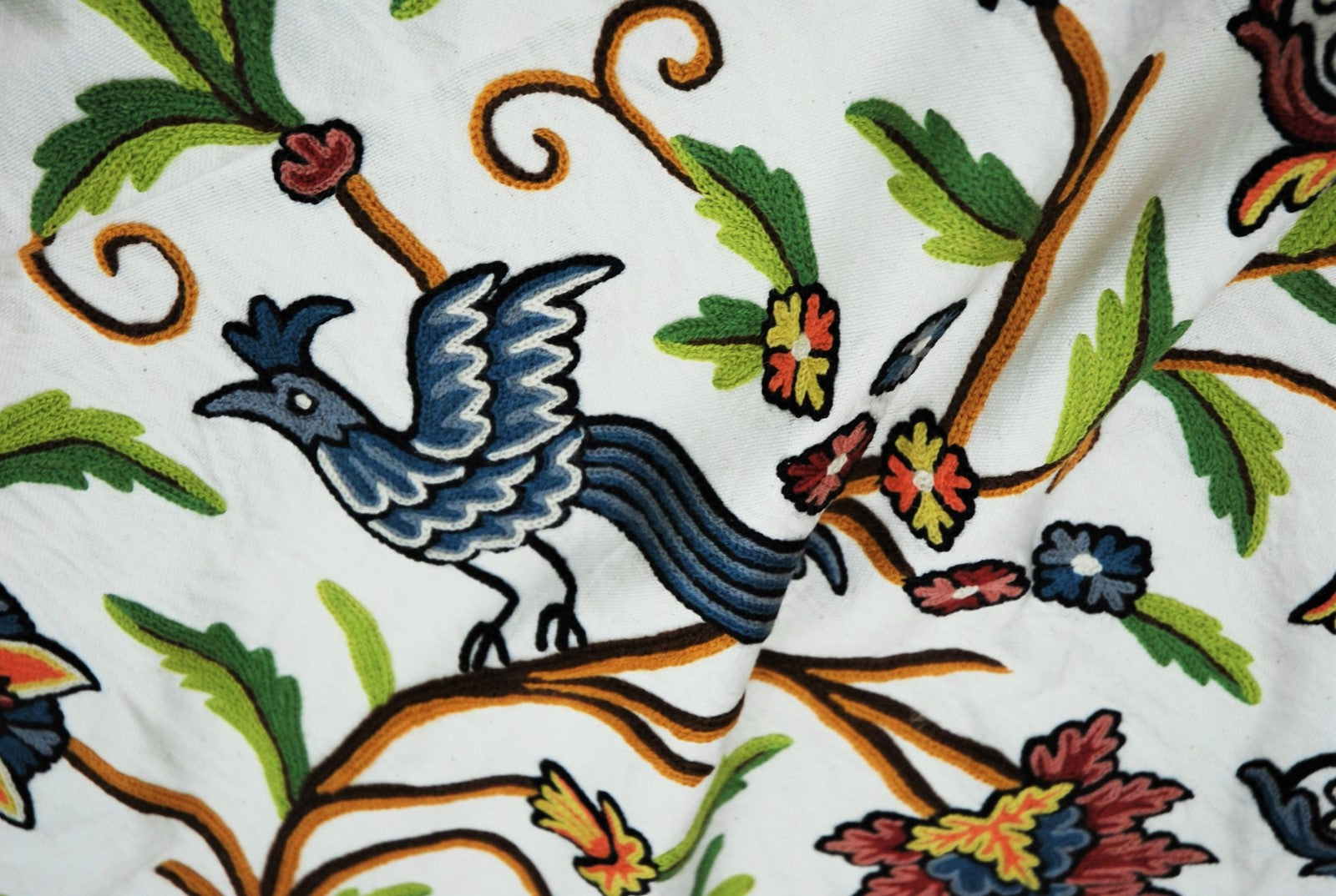 Multicolor "Tree of Life Birds" Cotton Crewel Embroidery Fabric #BRD104