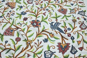 Cotton Crewel Embroidered Fabric "Tree of Life Birds", Multicolor #BRD104