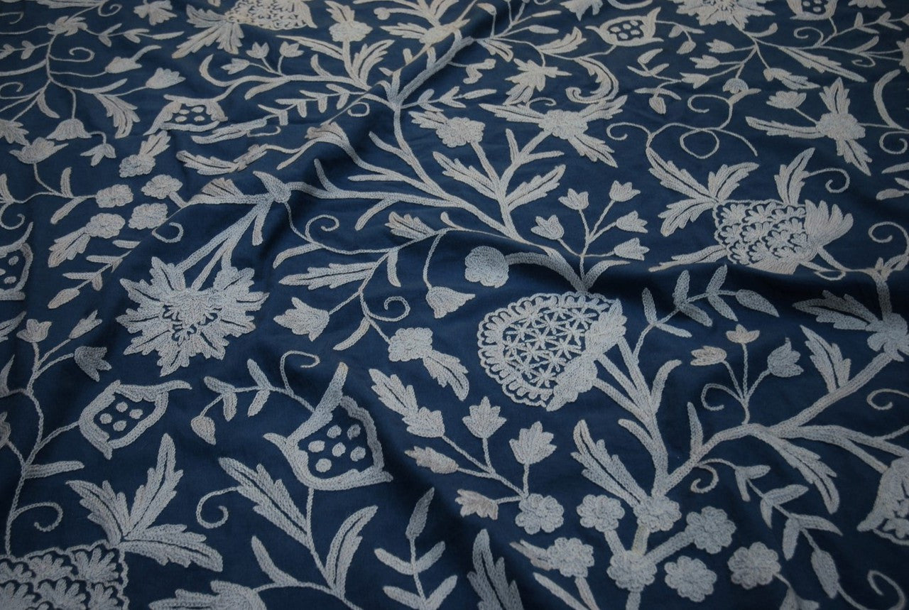 Cotton Crewel Embroidered Fabric Tree of Life, Grey on Navy #DDR055