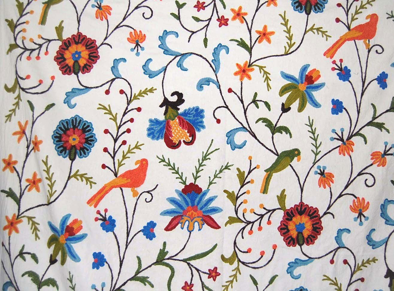 Cotton Crewel Embroidered Fabric Parrots, Multicolor #BRD002