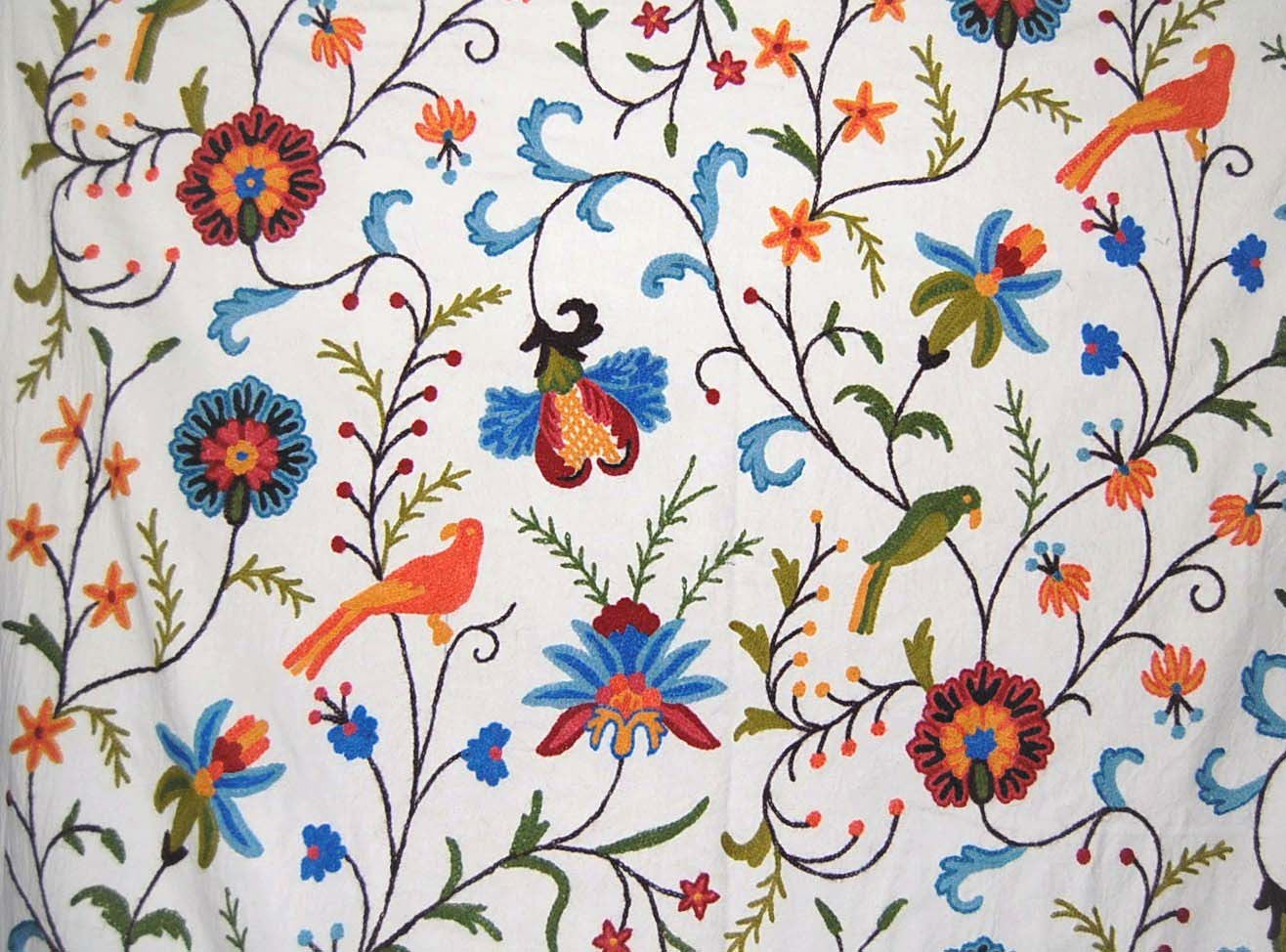 Cotton Crewel Embroidered Fabric Parrots, Multicolor #BRD002