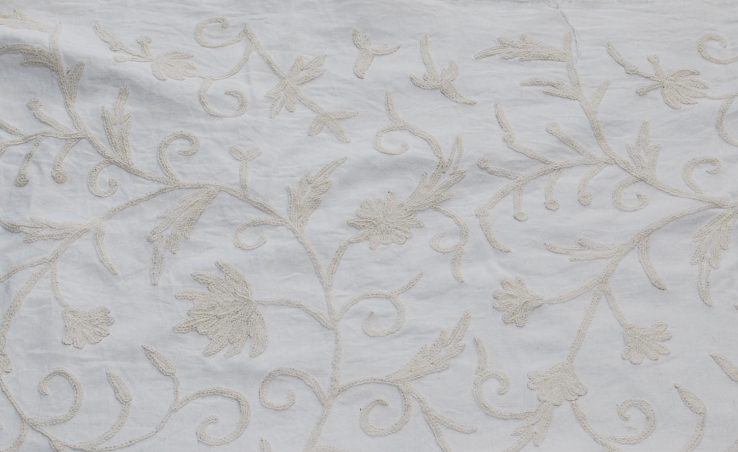 Cotton Crewel Embroidered Fabric Jacobean, White on White #TML532