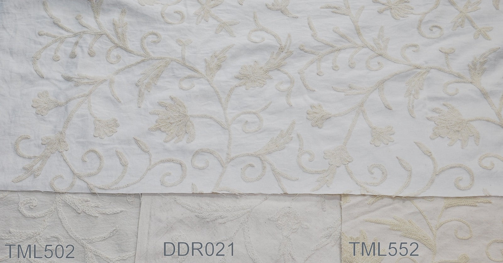 Cotton Crewel Embroidered Fabric Jacobean, White on White #TML532