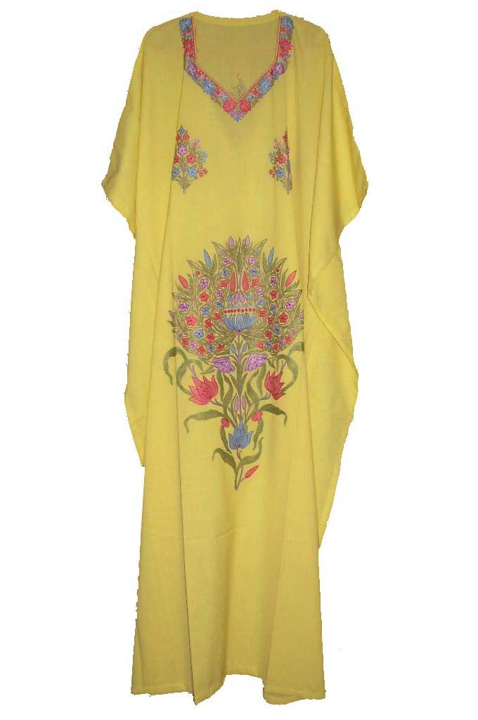 Embroidered Kaftan Cotton Caftan Lemon Yellow, Multicolor Embroidery #CKF-002