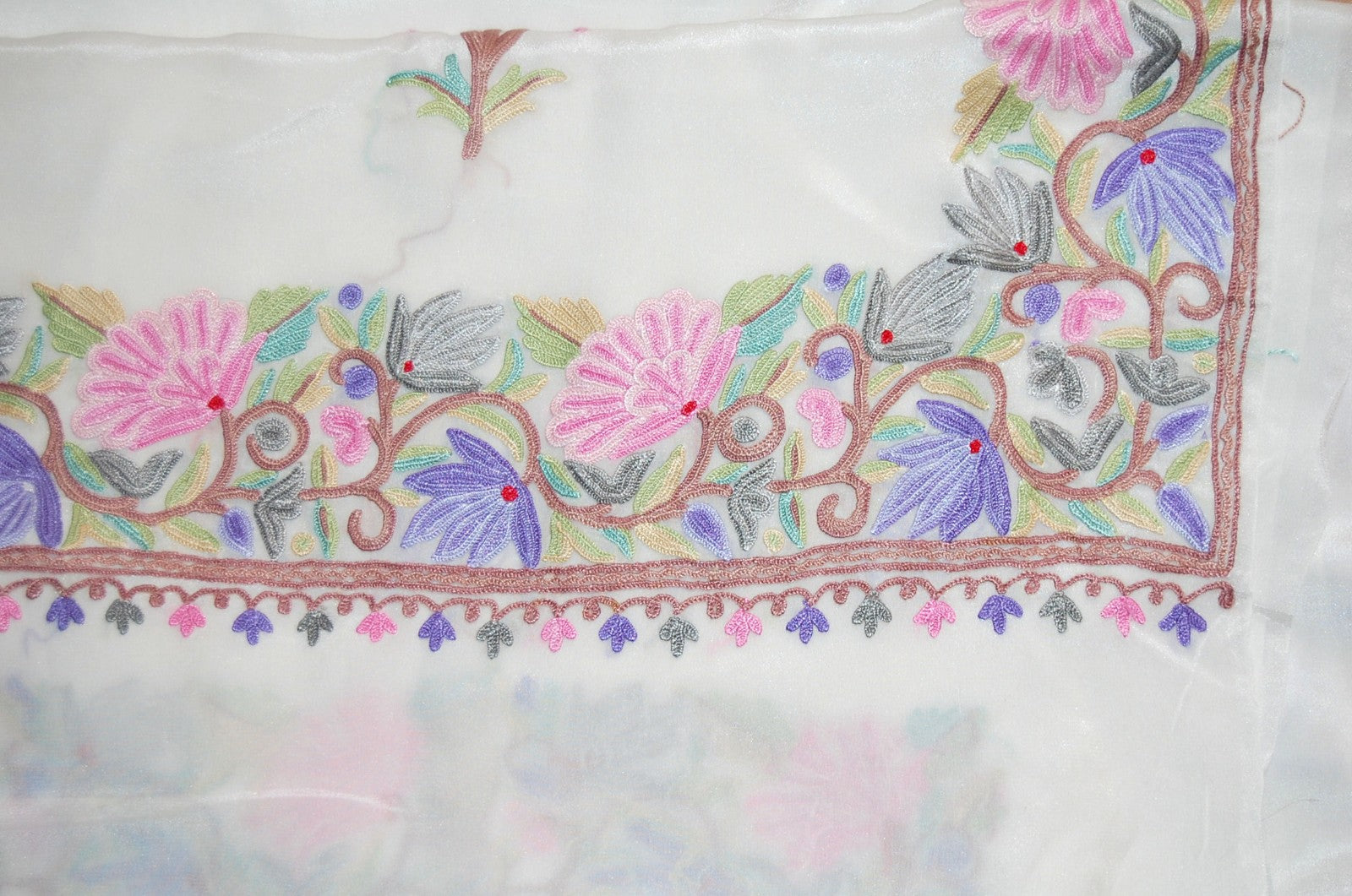 Kashmir Silk Sari Saree White, Multicolor Embroidery #SA-105